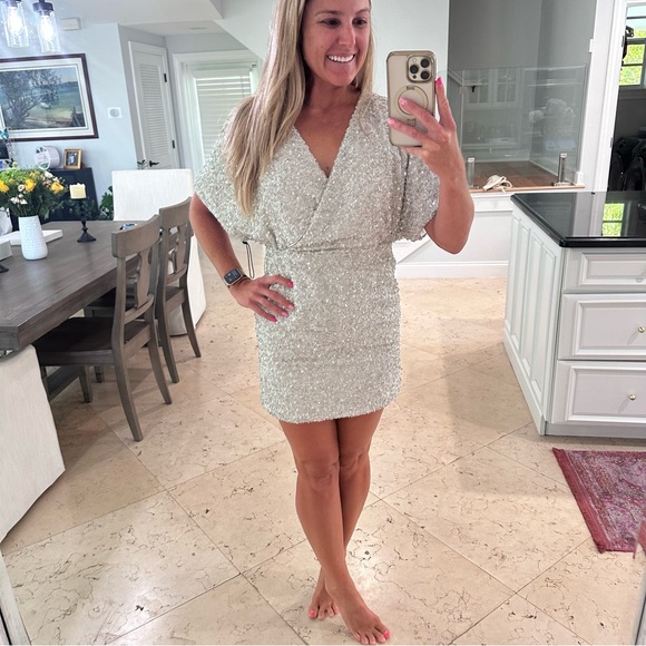 Saylor Tory Silver Short Sleeve Silver Sequin Mini Dress XSmall NWT - Picture 3 of 16